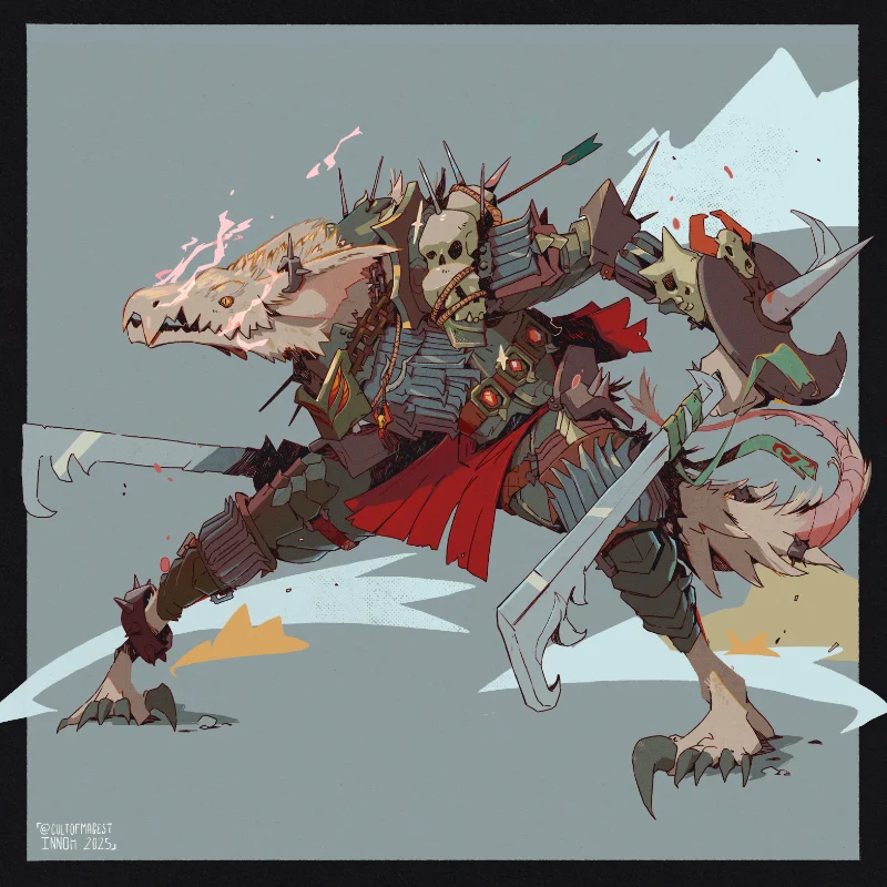 A drawing by Innohcolors, depicting a lycanthrop. It holds two swords and wears a heavy armor.