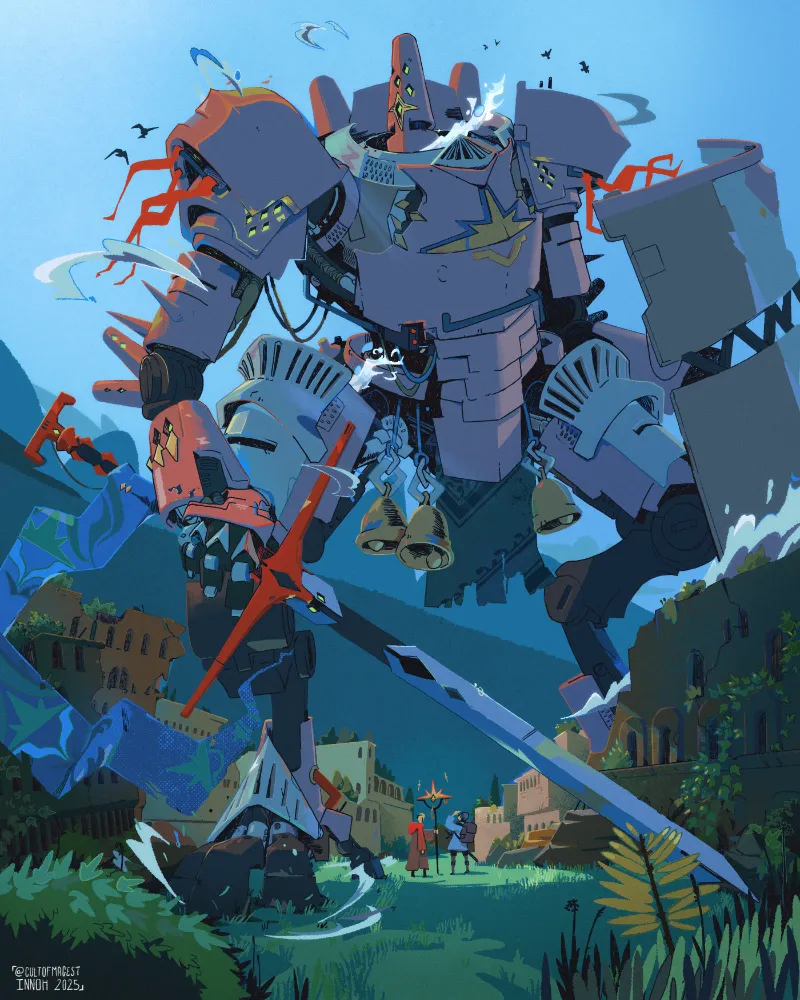 A giant knight looking robot, towring above a ruined village. Below, two people seems to have summoned it.