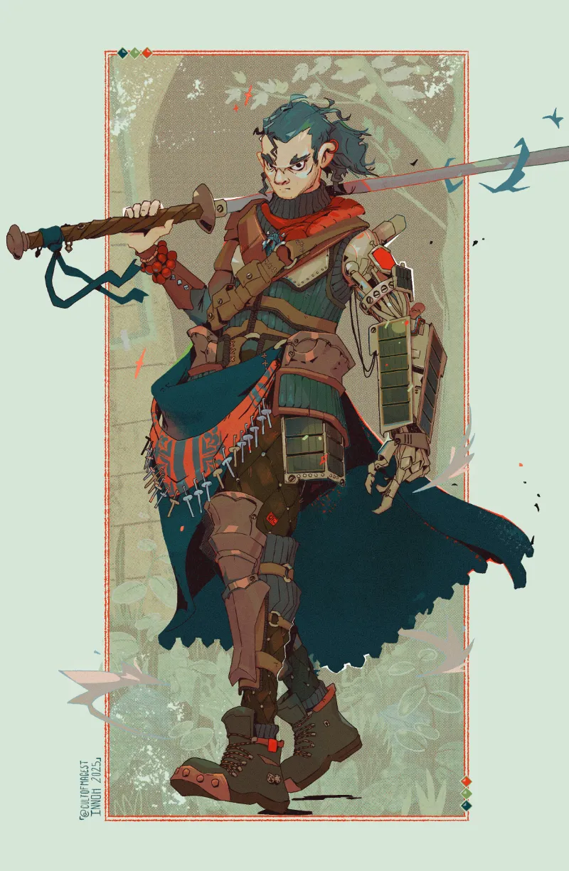 A warrior, holding a long sword. He has a cybernetic arm with solar panels on it.