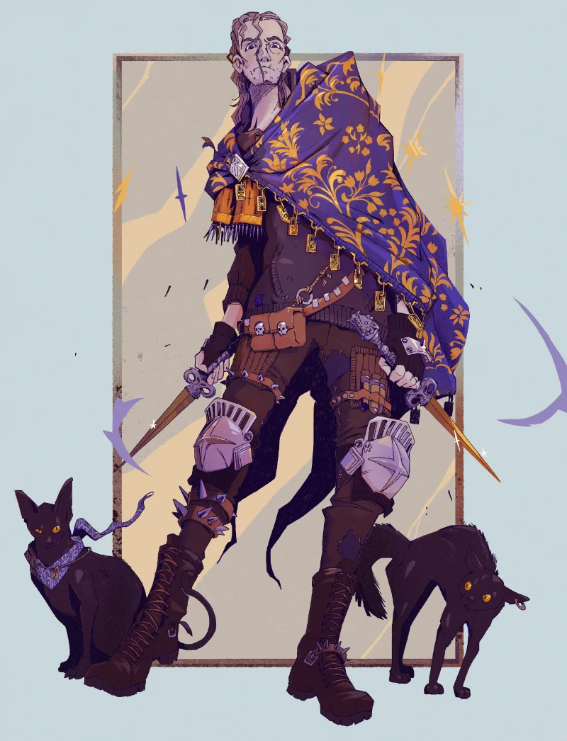 A drawing of Siffuss, a rogue! Two cats by his side. He holds two daggers, and a cool cloak! Gold and purple!