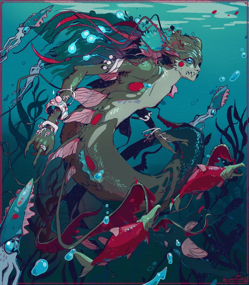 A mermaid or a merfolk. It has bright saturated colors and red spots on its scales. There are various fishes in this scene: calmars, sockeye salmons,.. The mermaid itself looks like some kind of pelagic psyker, with strange eyes and glowing jellyfish-like orbs in its hair.