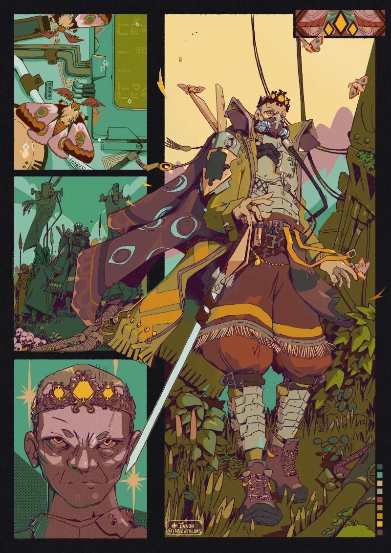 A drawing depicting Magnavel, a knight. He looks threatening. He wears a long cloak, a long sword at his belt and a lot of technological artefacts. 
Small thumbnails complement the composition, depicting small scene and details.