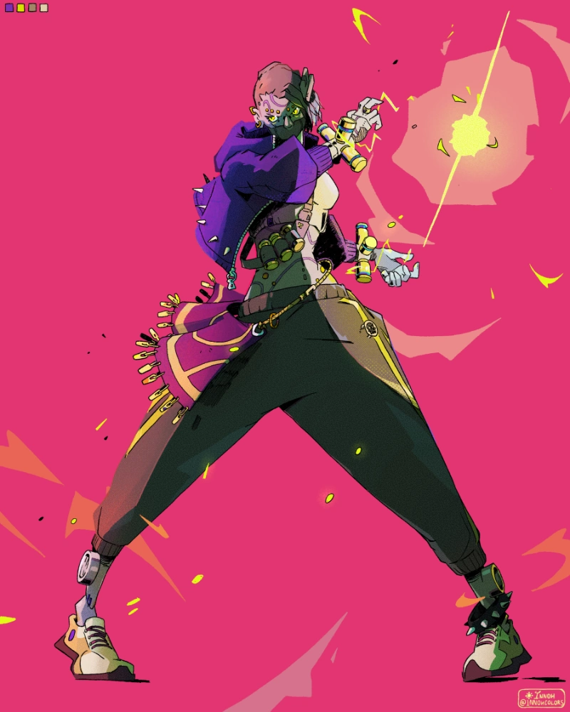 An artwork, depicting a mage. She looks like a cyborg, with modern clothing (jogging, hoodies, etc). She is casting a luminous spell.