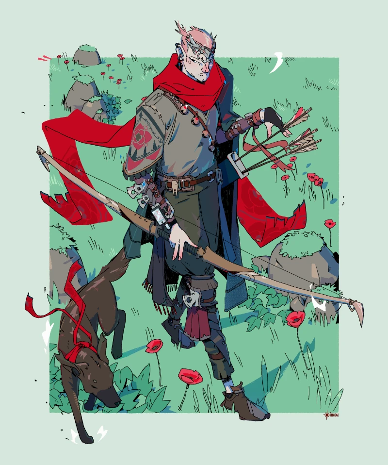 This drawing depicts an archer, followed by his dog. The archer is wearing a fancy red/crimson scarf, and is about to draw an arrow. In the background, a field of grass with some poppies.