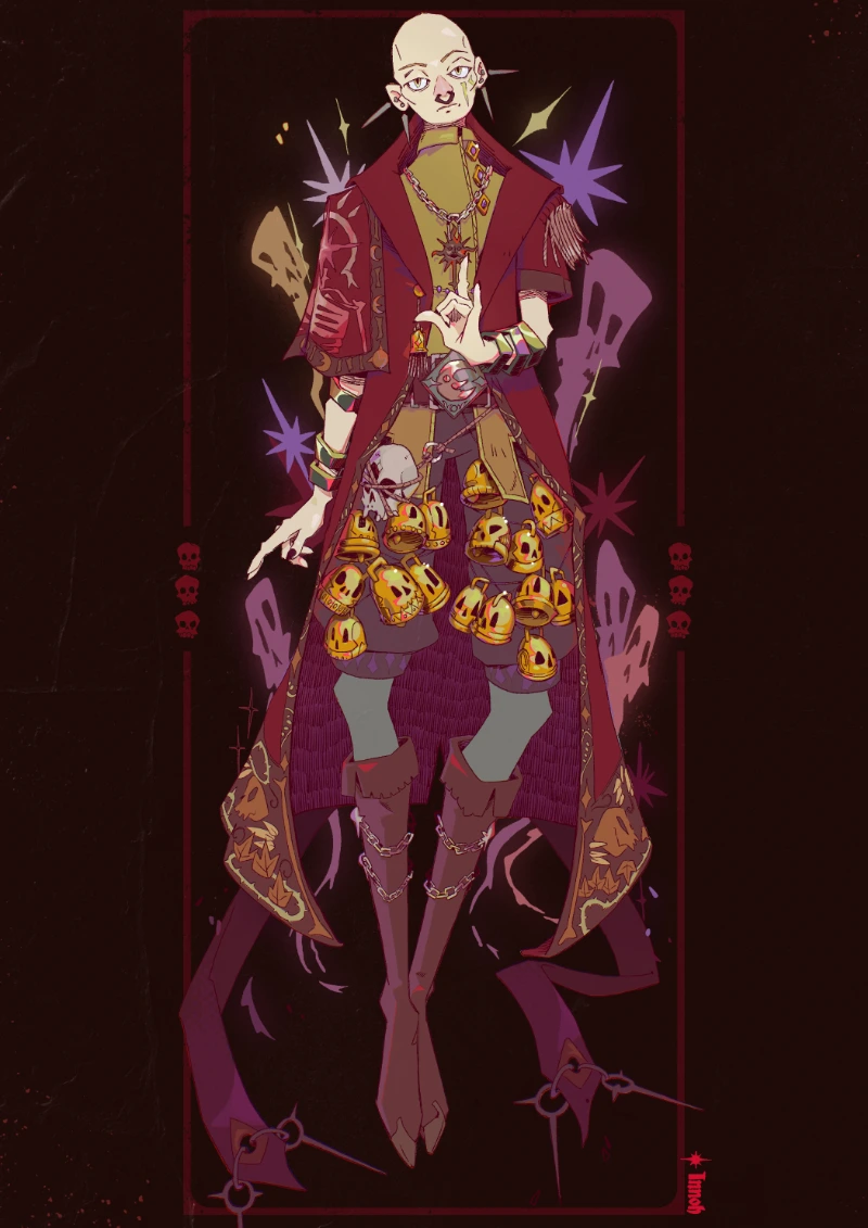 This drawing depicts a necromancer, wearing a fancy cloak. Strange golden bells are hanging from their belt. They are doing some kind of magic incantation!