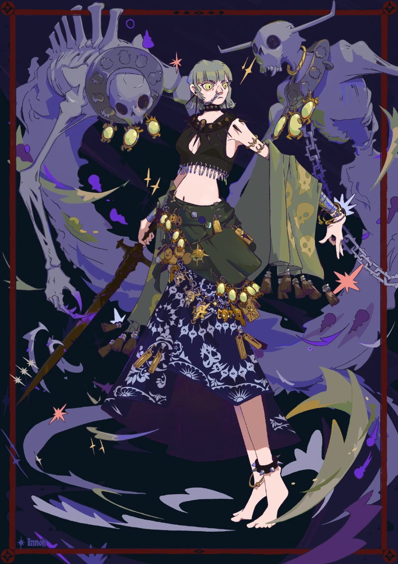 This drawing depicts a witch, with 2 wraiths beside her. She is wearing a lot of trinkets and baubles and is doing some strange magical gesture.